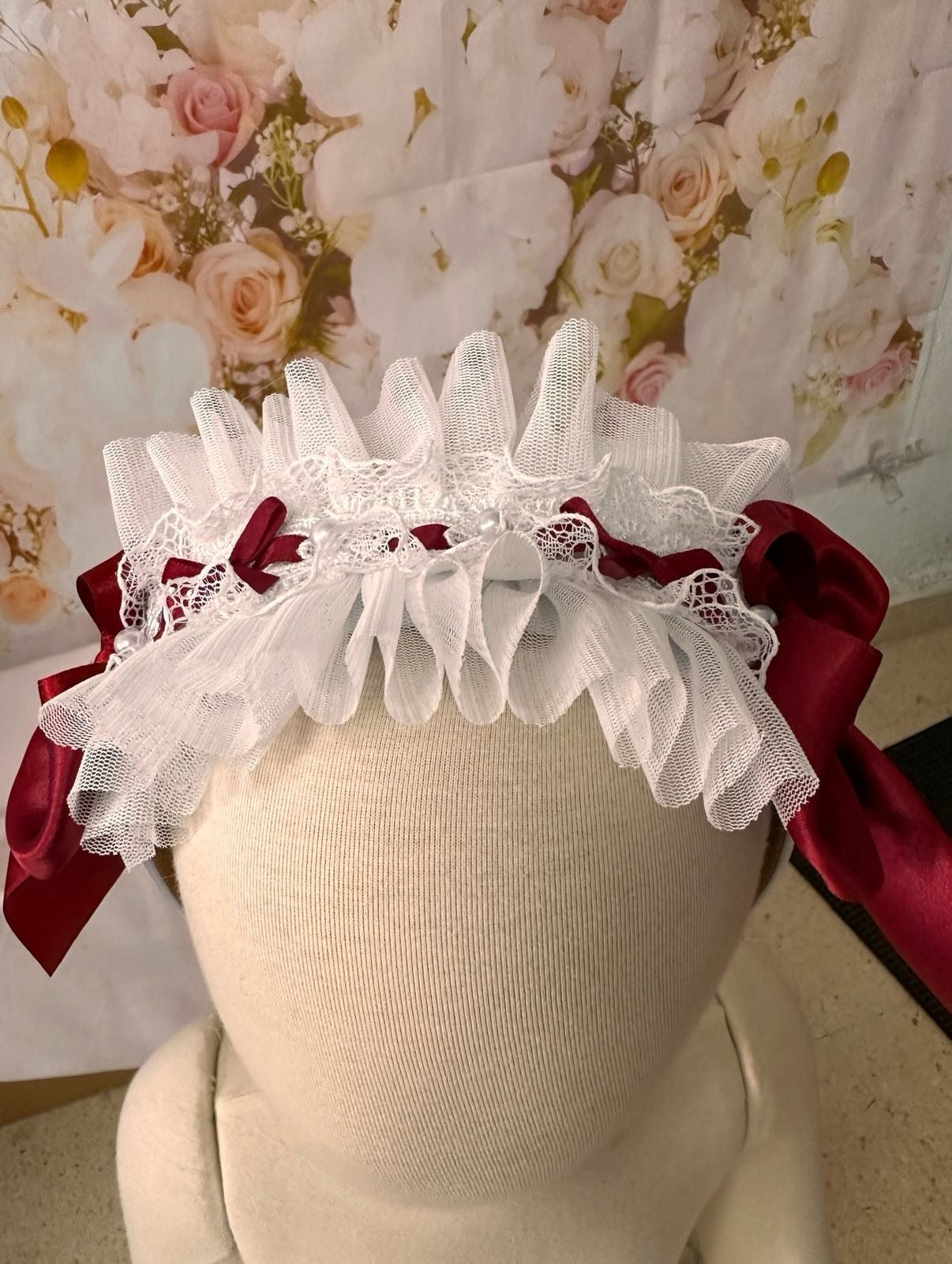 Sonata Ivory & Burgundy Dress & headpiece