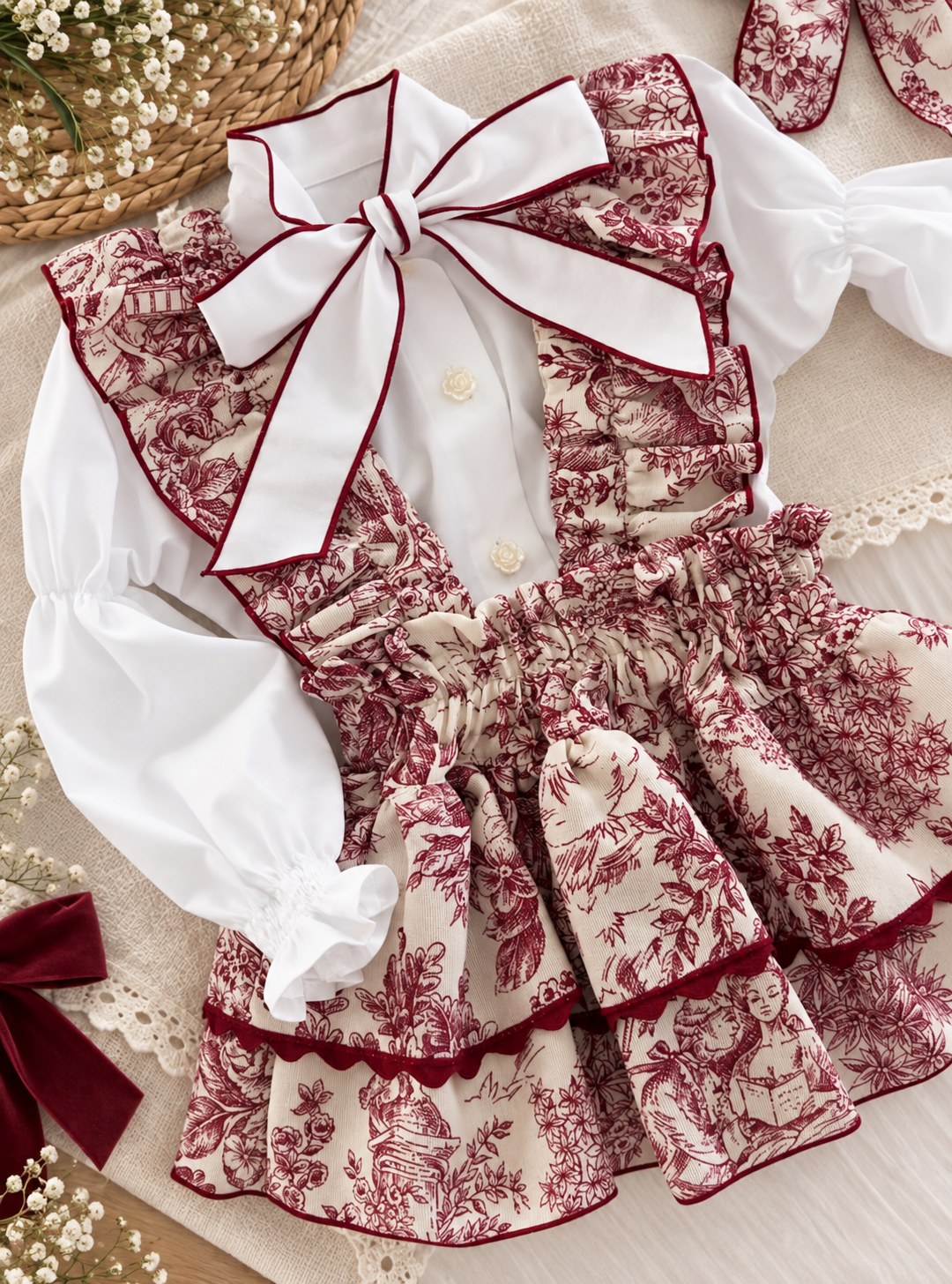 Baby’s Closet Toile Jouy Bordeaux Blouse & skirt set