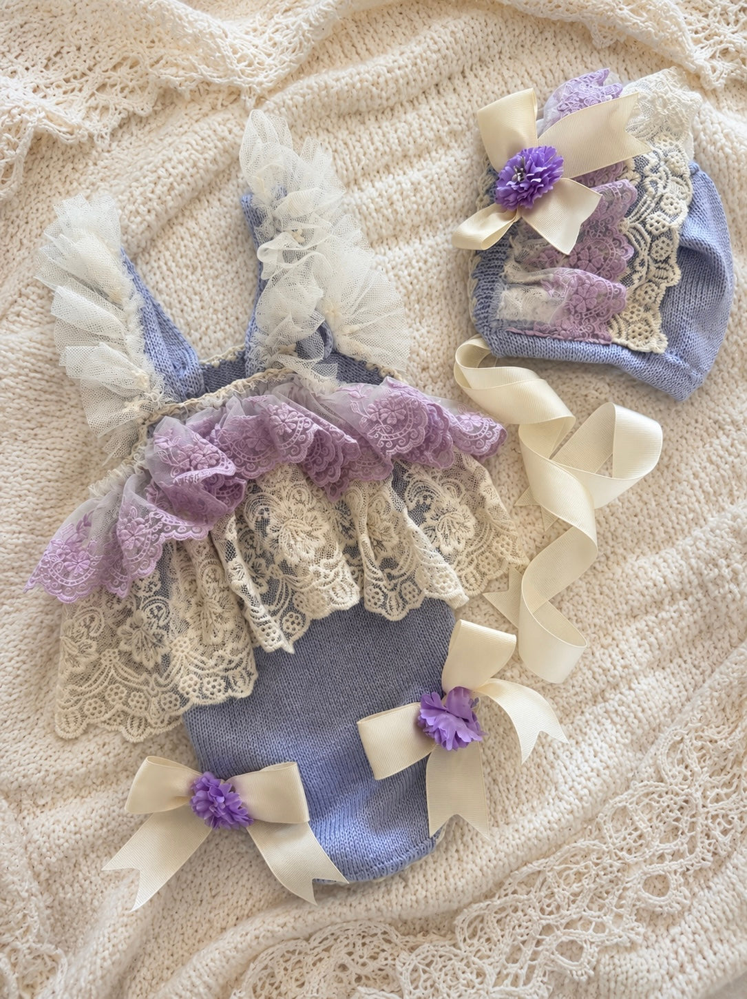 Ela Lilac romper & bonnet set