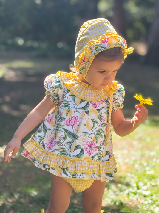 Lemon Dress, knickers & bonnet