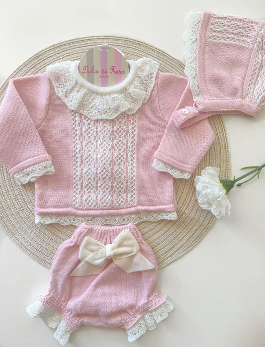 Dusky pink & cream 3 piece knitted set.