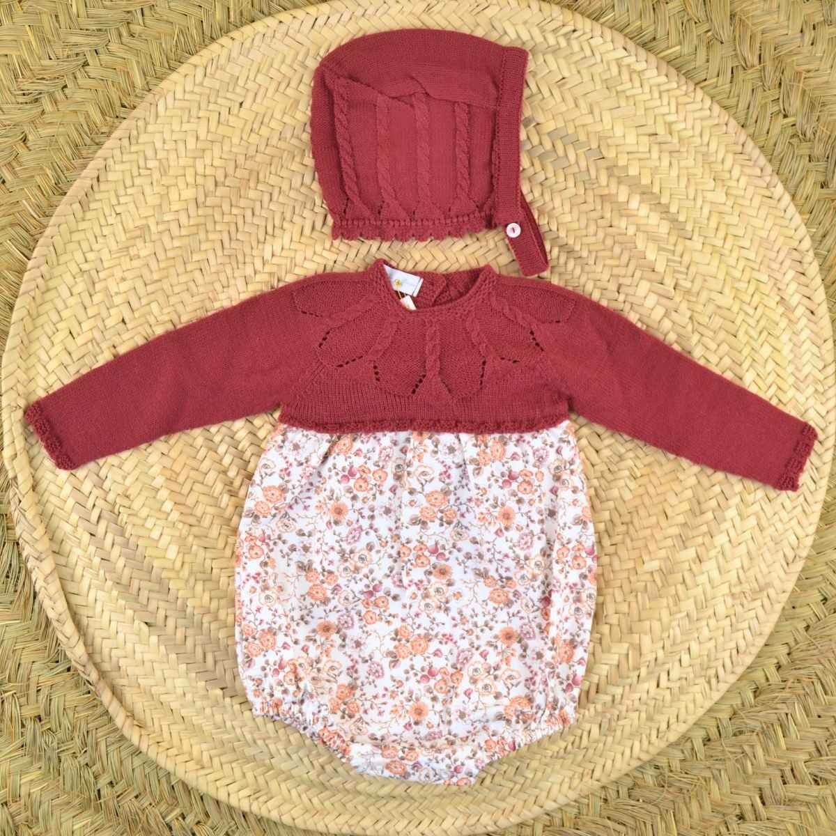 Burgundy knit Romper & bonnet set