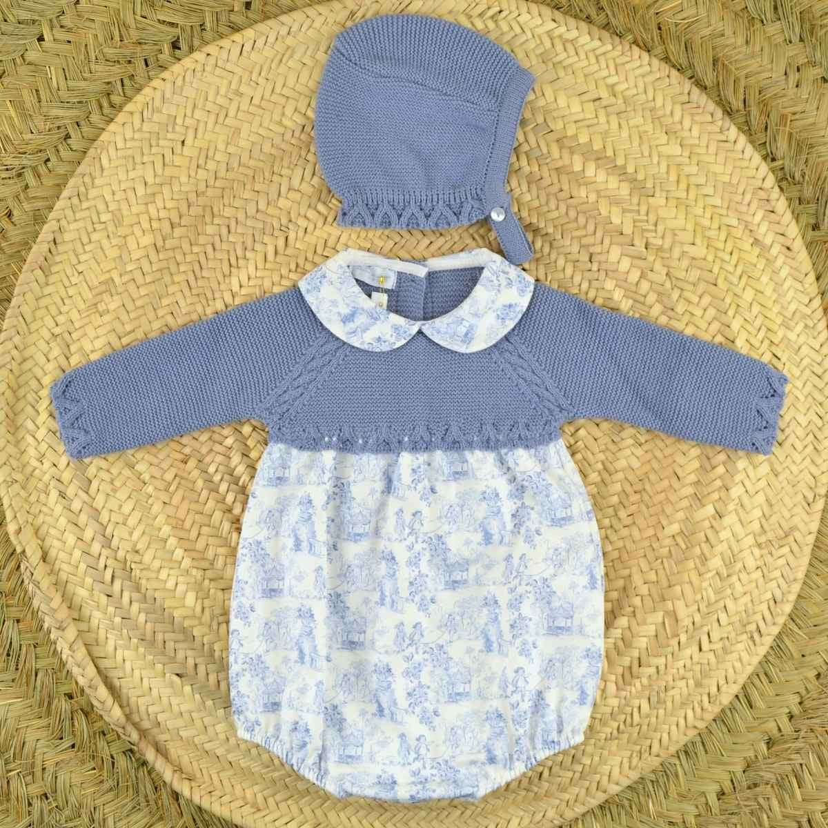 Blue knit Boys Romper & bonnet set