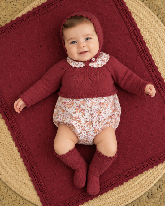 Burgundy knit Romper & bonnet set