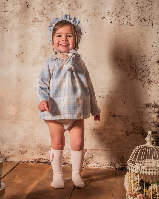 Pink & Blue Checked Dress & Bonnet set
