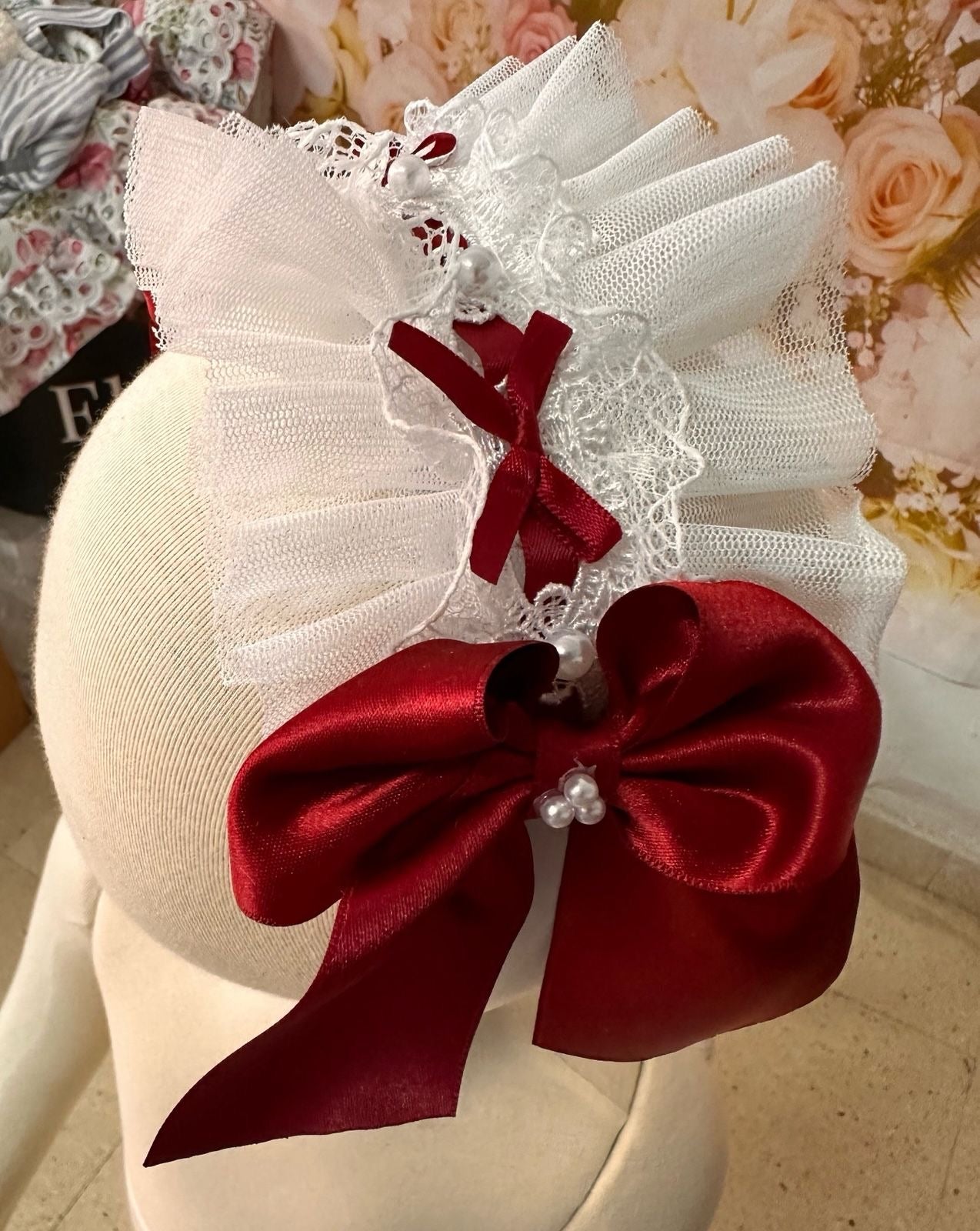 Sonata Ivory & Burgundy Dress & headpiece