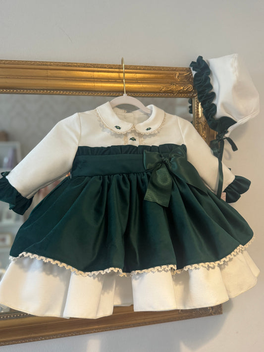 Sonata Cream & bottle green puffball dress 18m & 6 years