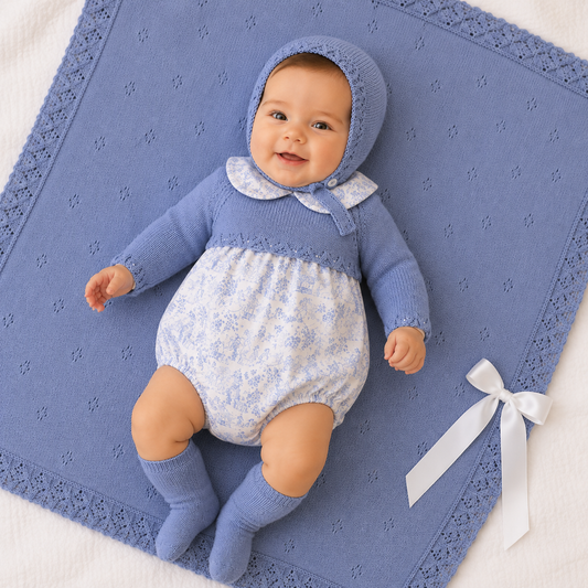 Blue knit Boys Romper & bonnet set