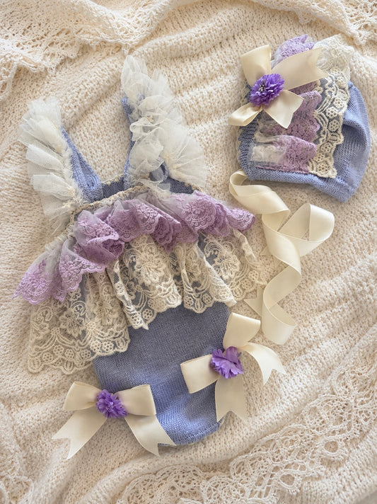 Ela Lilac romper & bonnet set