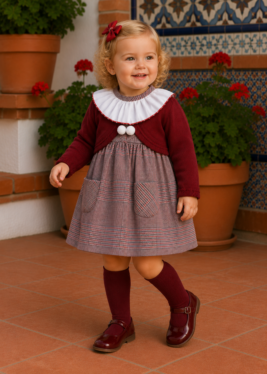 Babyferr Burgundy Check dress & cardigan