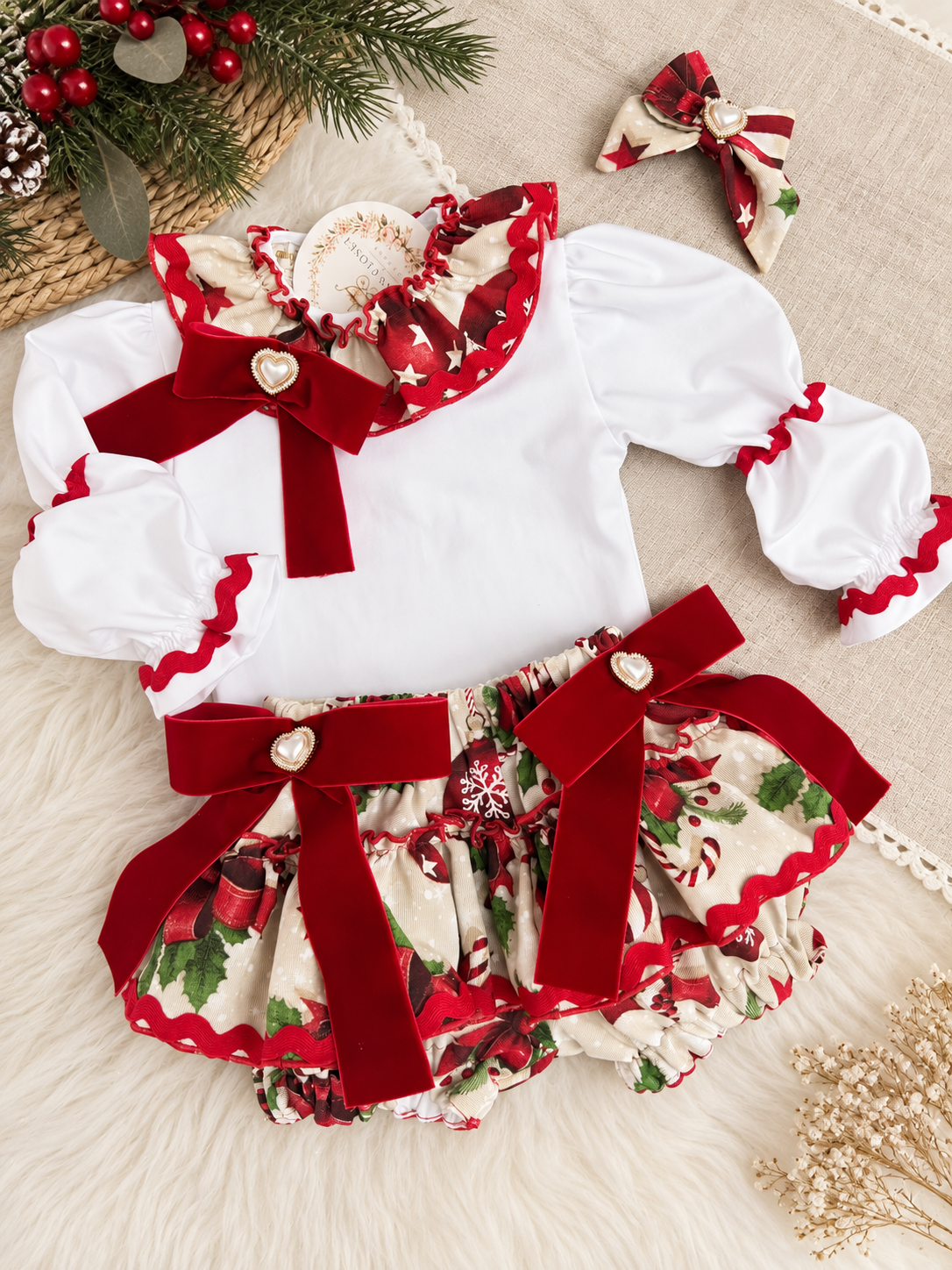 Baby’s Closet Christmas Blouse & Bloomers