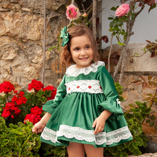 IN23-43 BOTTLE GREEN SMOCKED DRESS