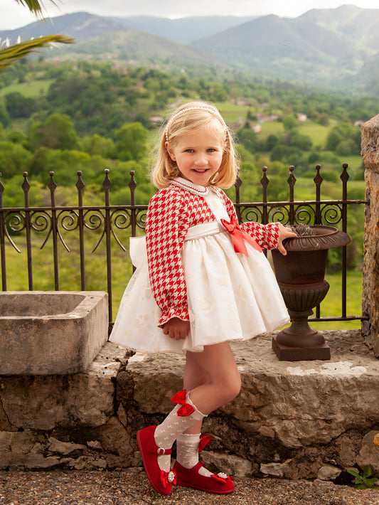 IN23-008 Red dogtooth & heart puffball dress
